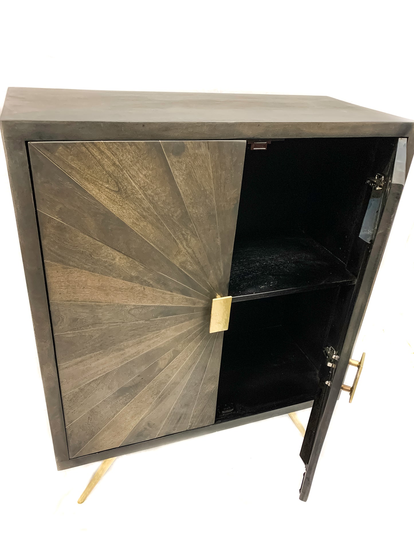 Wooden tall cabinet with brass sunburst